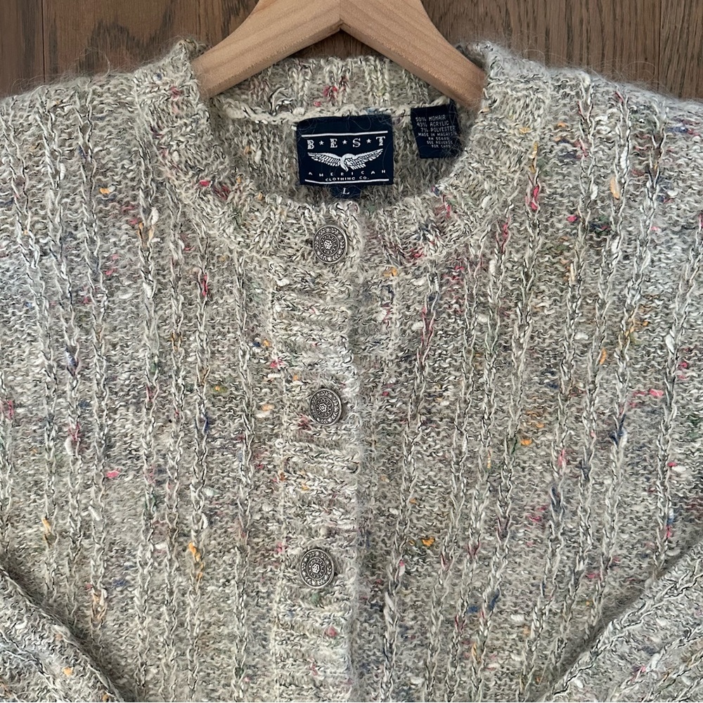 Vintage Mohair Blend Melange Knit Cardigan Sweater in Heather Oatmeal Large - Picture 2 of 8